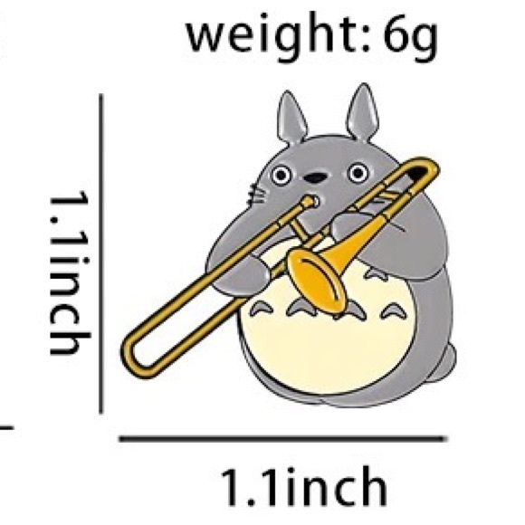 Totoro Trombone Enamel Pin Cute Japanese Bunny Cartoon Musical Instrument Brooch - Picture 4 of 7